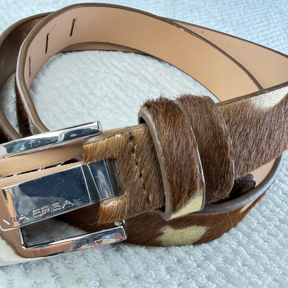 Via Spiga Brown Calf Hair Gold Metallic Italian Leather Belt VS1158 Medium
